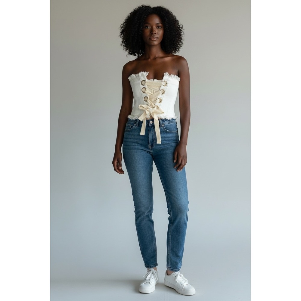 Essue White Denim Corset Tube Top Lace Up Frayed Strapless Zip Back NWT Small